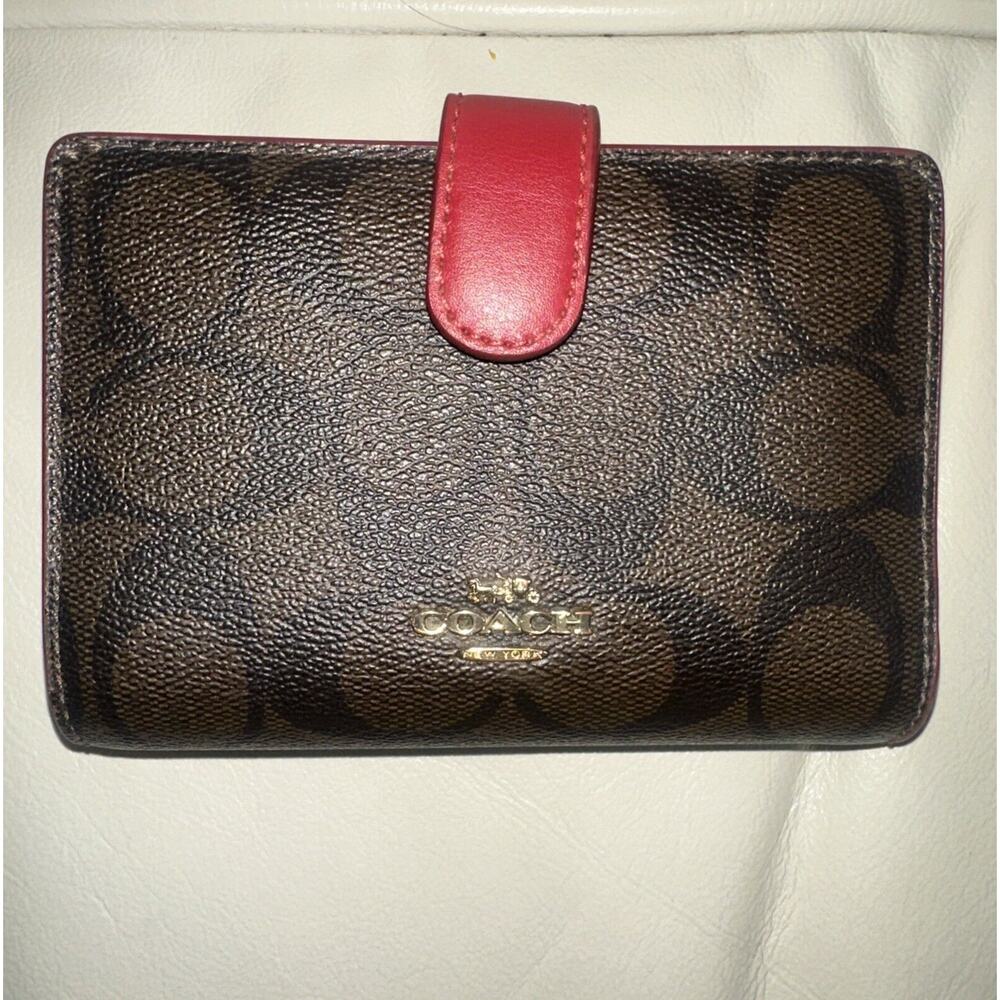 Coach Brown and Red Bifold Wallet with Signature Monogram